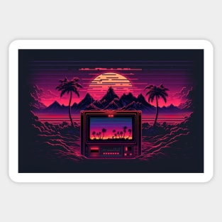 80s Gaming Console Mountains And Synthwave Sun Sticker